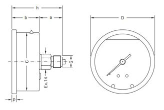 Mynd af Vökvafylltur þrýstimælir 10 bör - 63mm