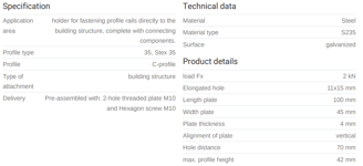 Mynd af MEFA Veggfesting lóðrétt f. brautir STEX 35