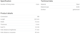 Mynd af MEFA Fótstykki M8 110x73x4mm
