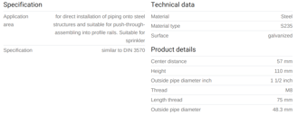 Mynd af MEFA U-járn f. Sprinkler 1 1/2" M8 48,3mm